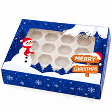 6PCS Blue Christmas 12-Hole Cupcake Boxes – 32.6 × 25.1 × 9cm | Snowman Window Bakery Gift Boxes for Cupcakes, Cookies & Festive Treats
