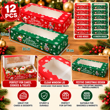 12PCS Christmas Window Bakery Boxes – Red & Green Cake, Cookie and Treat Gift Boxes, 30 × 14 × 6.5cm