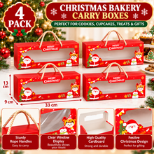 4 Pack Christmas Bakery Carry Boxes with Clear Window & Rope Handles – Red Cookie, Cupcake and Treat Gift Boxes, 33 × 9 × 13 cm