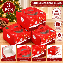 3-Pack Red Christmas Cake Boxes with Handle – Festive Bakery Gift Packaging, 25.8 × 25.8 × 17 cm