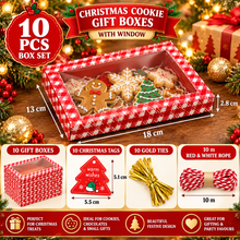10PCS Red Christmas Window Bakery Boxes with Tags, Gold Ties & Rope – 18 × 13 × 2.8 cm Cookie and Treat Gift Boxes