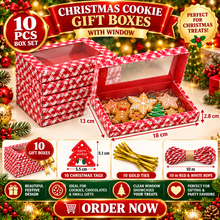 10PCS Red Christmas Window Bakery Boxes with Tags, Gold Ties & Rope – 18 × 13 × 2.8 cm Cookie and Treat Gift Boxes