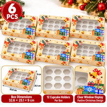 6PCS Christmas Cupcake Boxes with Window – 12-Hole Beige Bakery Gift Boxes for Cookies, Cakes & Holiday Treats, 32.6 × 25.1 × 9cm