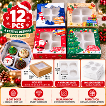 12PCS Christmas Cupcake Gift Boxes – 4-Hole Clear Window Bakery Boxes with White Inserts | Santa, Snowman, Reindeer & Christmas Tree Designs