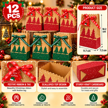 12pcs Christmas Kraft Cookie Gift Bags with Ribbon – Red & Green Festive Treat and Party Favour Boxes, 18.2 × 11.7 × 7.2 cm
