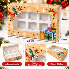 12PCS Christmas Gift Boxes with 6 Compartments & Clear Window – 24 × 16 × 7.5cm | Reindeer Holiday Cookie, Chocolate, Candy & Treat Packaging Boxes