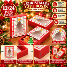 12/24PCS Red Christmas Gift Boxes with Tree Window – Plaid Slide-Drawer Treat, Cookie and Chocolate Packaging