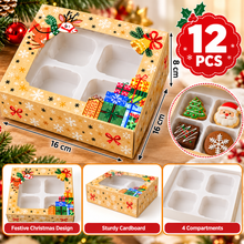 12PCS Christmas Reindeer Gift Boxes with 4 Compartments – 16 × 16 × 8cm | Clear Window Cookie, Chocolate & Treat Packaging