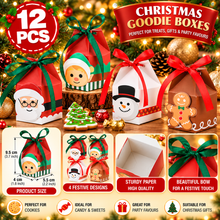 Foldable Christmas Xmas Goodie Paper Boxes With Bow for Candy Cakes Cookies Treats-for Party Birthdays Holidays 12pcs (SIZE 9.5X5.5X4CM)