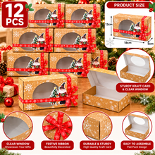 12pcs Kraft Christmas Gift Boxes with Clear Window, Paper Containers with Ribbons, Festive Snowflake Design For Holiday Packaging