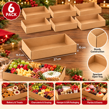 6 Pack Large Kraft Grazing Boxes No Lids – 27 × 16.5 × 6cm Charcuterie, Bakery, Hamper & Gift Packaging Trays