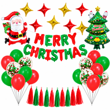 Christmas Balloon Garland Set with 2D Flat Banner, Red Green Golden Color, Merry Christmas Print, Outdoor Indoor Holiday Party Decoration, 2D Flat