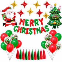 Christmas Balloon Garland Set with 2D Flat Banner, Red Green Golden Color, Merry Christmas Print, Outdoor Indoor Holiday Party Decoration, 2D Flat