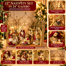 12" Christmas Nativity Set with 24" Gold Gazebo – Holy Family, Three Wise Men & Angel – Large Religious Christmas Decoration