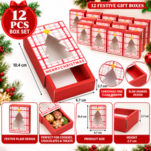 12/24PCS Red Christmas Gift Boxes with Tree Window – Plaid Slide-Drawer Treat, Cookie and Chocolate Packaging