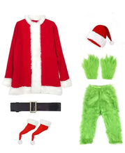 6pcs Deluxe Green Santa Costume for Adults, Perfect for Halloween And Christmas. The Furry Outfit Includes a Top, Pants, Gloves, Belt, And Socks