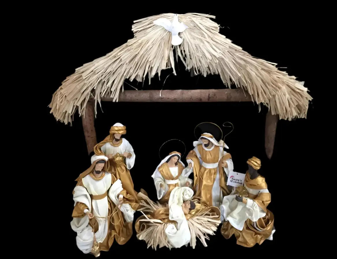 Gold Christmas Nativity set in Driftwood stable approx height 50 cm Santas Workshop Direct