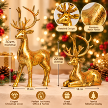 Luxury Gold Christmas Reindeer Ornament Set – 2PCS Resin Deer Figurines, 30cm Standing & 22cm Sitting, Elegant Christmas Table & Home Decorations
