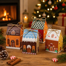 12pcs Christmas Party Favor Small Candy Cookie Treat Paper Boxes Xmas Holiday House Design Goodie Snack Gift Packaging Paper Boxes