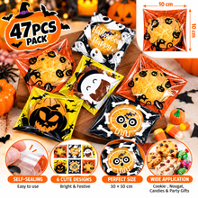 47PCS Halloween Treat Bags 10×10cm – Self-Sealing Cookie, Candy & Nougat Packaging Bags | Trick or Treat Party Favours