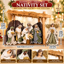 Handmade Christmas Nativity Set with Angel & Rustic Stable – 39cm Stable, 24cm Holy Family & Three Wise Men, 21cm Gold Winged Angel | Religious Christmas Decorations
