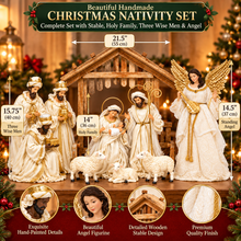 Large Christmas Nativity Set with 21.5" Stable, 14" Holy Family, 15.75" Three Wise Men & 14.5" Gold Winged Angel – White & Gold Religious Manger Scene
