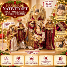 Luxury 60cm Handmade Christmas Nativity Set – Holy Family, 23.25" Gold Winged Angel & 17.75" Three Wise Men | Large Burgundy & Gold Religious Christmas Display
