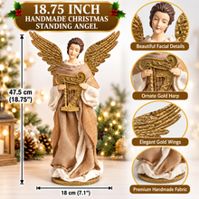 18.75" Handmade Christmas Standing Angel Figurine – 47.5cm Large Angel with Gold Wings & Harp | Premium Religious Nativity Decoration