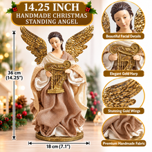 14.25" Handmade Christmas Angel Figurine – 36cm Standing Angel with Gold Wings & Harp | Premium Religious Nativity Decoration