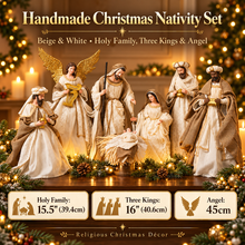 ⭐ Christmas Religious Handmade Nativity Set – Beige & White Holy Family (15.5"), Three Kings (16") & 45cm Angel, Christian Christmas Decor ⭐