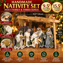 Handmade Christmas Nativity Set – 24cm Holy Family & Three Wise Men with 39cm Rustic Stable | Religious Christmas Decoration