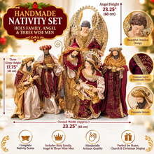 Luxury 60cm Handmade Christmas Nativity Set – Holy Family, 23.25" Gold Winged Angel & 17.75" Three Wise Men | Large Burgundy & Gold Religious Christmas Display