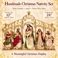 PRE ORDER 12" Handmade Christmas Nativity Set in 24" Gold Gazebo – Large Holy Family, Angel & Three Wise Men Religious Christmas Display PRE ORDER
