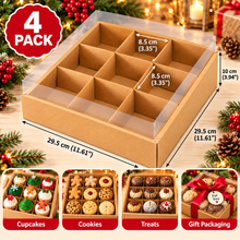 4PCS 9-Grid Kraft Bakery Gift Boxes – 29.5 × 29.5 × 10cm | Cupcake, Cookie & Treat Boxes with Insert | Christmas & Holiday Gift Packaging