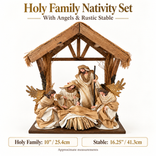 Christmas Nativity Set with Holy Family & Angels – 10″ Figures, 16.25″ Rustic Stable