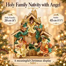 8" (20cm) Religious Holy Family with Angel on Stable – 17.5" (45cm) Nativity Scene Figurine, Christian Christmas Home Decor & Holiday Gift