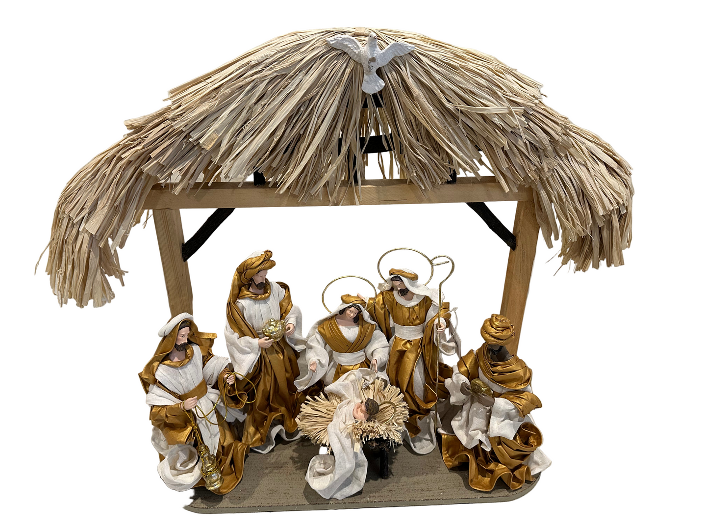 Gold Christmas Nativity set in Driftwood stable approx height 50 cm - Santas Workshop Direct 