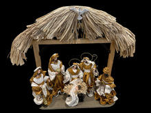 Gold Christmas Nativity set in Driftwood stable approx height 50 cm - Santas Workshop Direct 