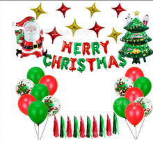 Christmas Balloon Garland Set with 2D Flat Banner, Red Green Golden Color, Merry Christmas Print, Outdoor Indoor Holiday Party Decoration, 2D Flat
