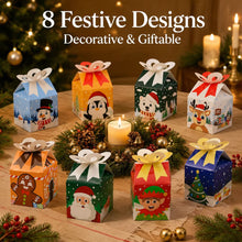 12 Pack Christmas Goodie Boxes with Bow – 9 × 9 × 13 cm Foldable Candy, Cookie & Treat Gift Boxes