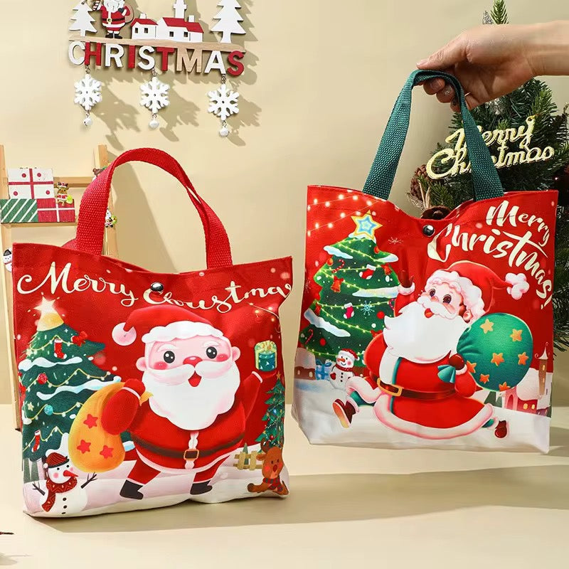 Merry Christmas Canvas Tote  Bag Santas Claus Xmas Tree Gift Packaging Shopping Bags Holiday Reusable - Santas Workshop Direct 