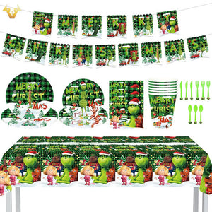 Red The Grinch Christmas Party Tableware Paper Plates Napkins Table Cloth Xmas Decor 82pcs - Santas Workshop Direct 