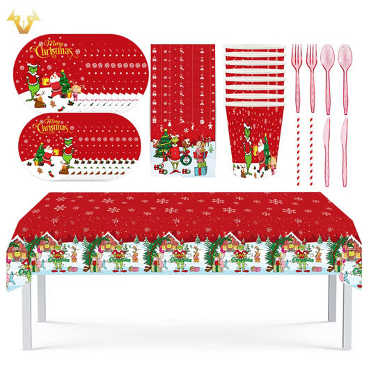 Red The Grinch Christmas Party Tableware Paper Plates Napkins Table Cloth Xmas Decor 82pcs - Santas Workshop Direct 