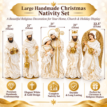Large Handmade Christmas Nativity Set – 53cm Holy Family, 53cm Three Wise Men & 57cm Angel | White & Gold Religious Christmas Decorations