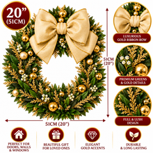 20” Christmas Gold Ribbon Wreaths 51cm - Elegant Christmas Decoration Door Wreath Decor