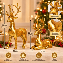Luxury Gold Christmas Reindeer Ornament Set – 2PCS Resin Deer Figurines, 30cm Standing & 22cm Sitting, Elegant Christmas Table & Home Decorations