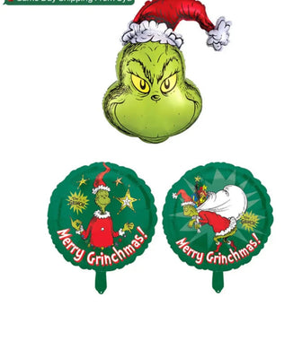 Merry Christmas Grinch style Foil Balloons Party Decor Santas Workshop Direct