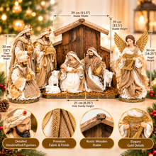 Large Handmade Christmas Nativity Set with Stable – 39cm Manger, 21cm Holy Family, 30cm Three Wise Men & 36cm Gold Winged Angel | Religious Christmas Decorations
