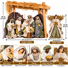 Handmade Christmas Nativity Set with Angel & Rustic Stable – 39cm Stable, 24cm Holy Family & Three Wise Men, 21cm Gold Winged Angel | Religious Christmas Decorations