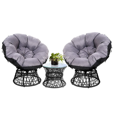 Gardeon Outdoor Lounge Setting Furniture Wicker Papasan Chairs Table Patio Black - Santas Workshop Direct 